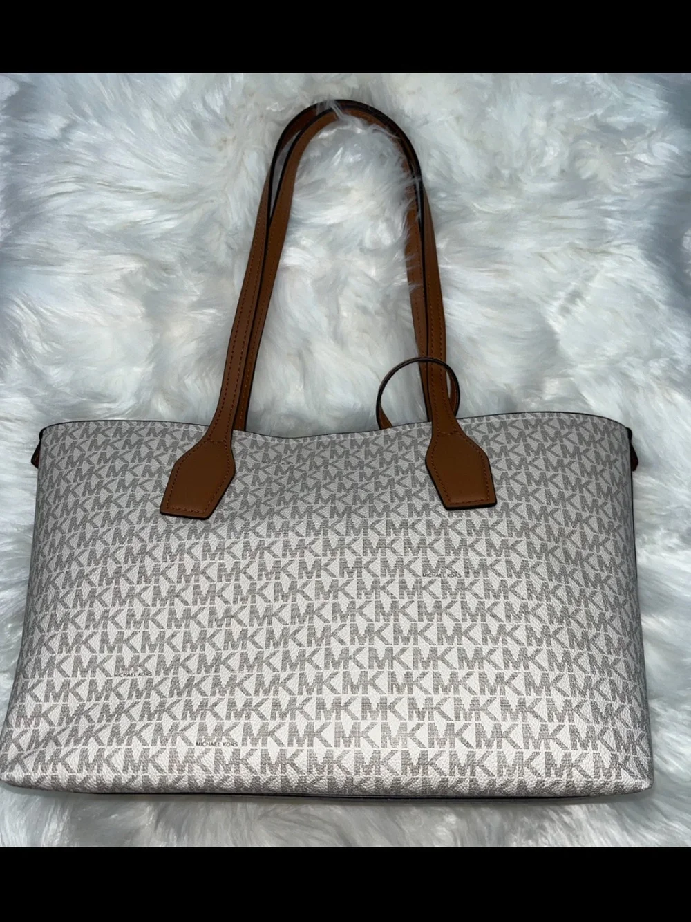 Michael Kors Beige MK Monogram Tote with Brown Trim and Straps